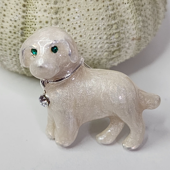 Silver and Ivory Enamel Puppy Dog Brooch pin - Picture 1 of 6